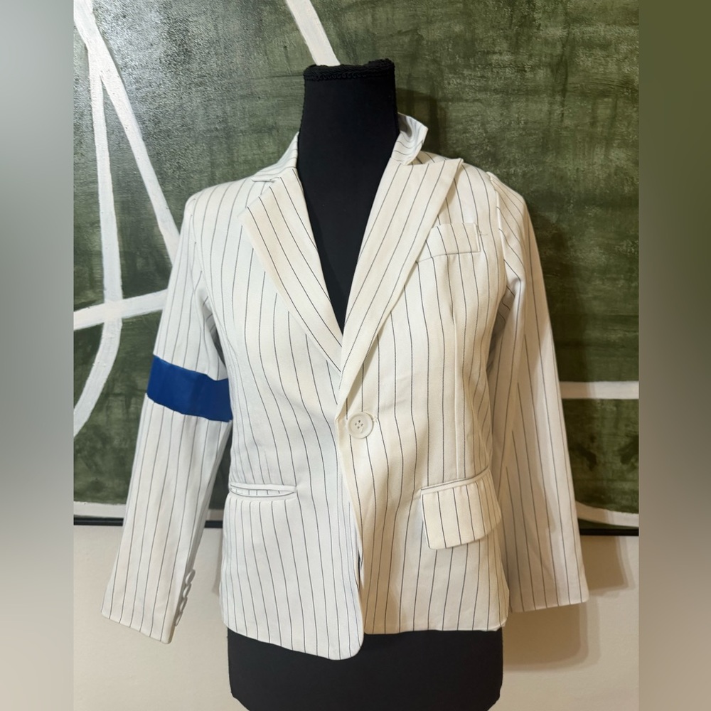 Kids White Pinstripe Blazer with Blue Accent